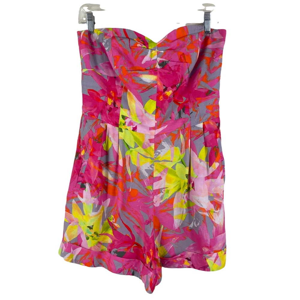 Trina Turk Strapless Floral Romper in Pink, Yellow & Gray